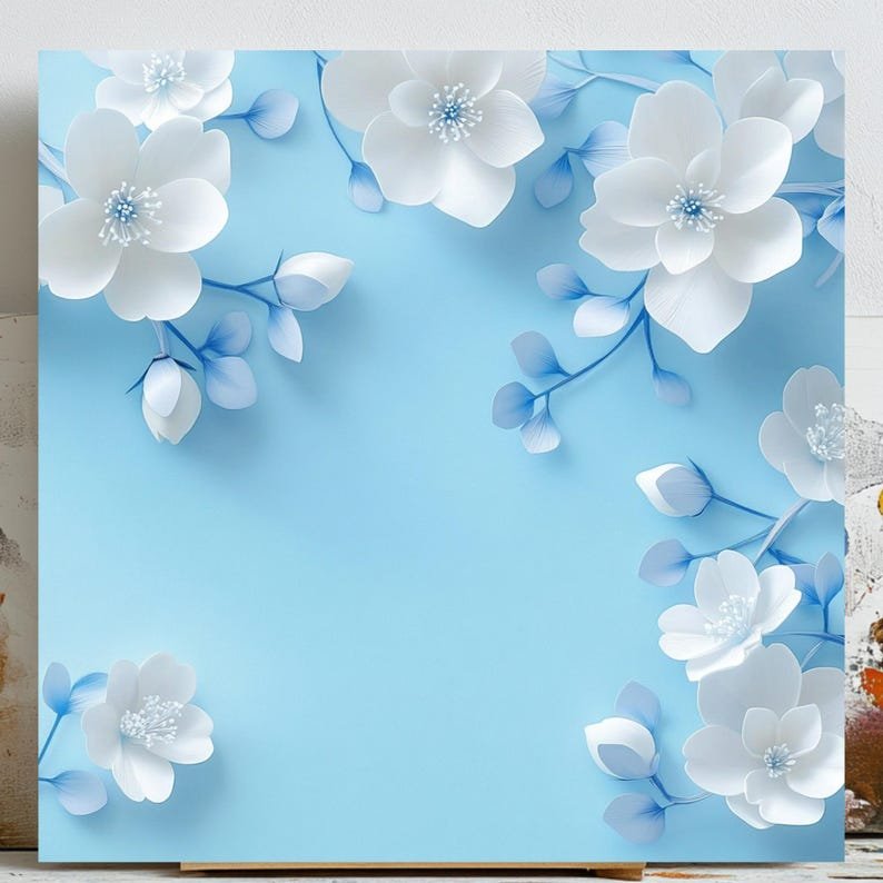 White Floral Wall Art, Poster or Canvas, Blue Background Print, Minimalist Art, Elegant Flower Design, Bedroom Decor, Wall Art Gift For Mom