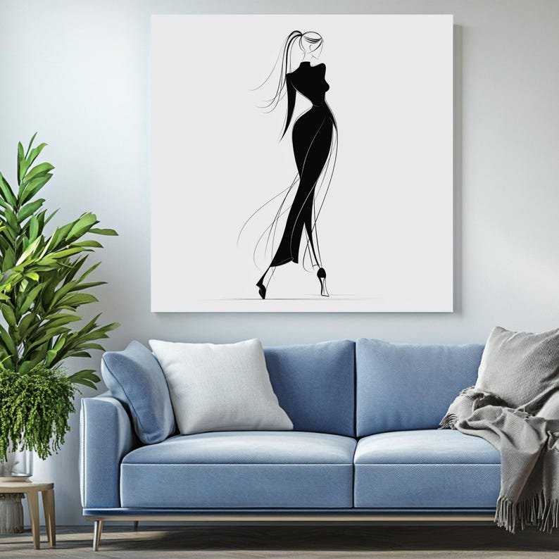 Minimalist Fashion Woman Wall Art, Canvas or Poster, Elegant Black Dress Illustration, Modern Chic Decor, Dressing Room Art, Fashion Sketch - Image 3