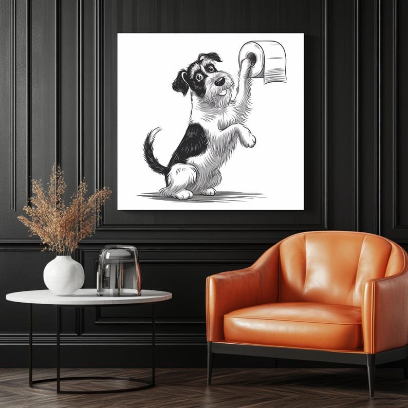 Miniature Schnauzer Toilet Paper Art, Canvas or Poster, Whimsical Modern Bohemian Decor, Living Room Bedroom Bathroom Art, Black White Grey - Image 3