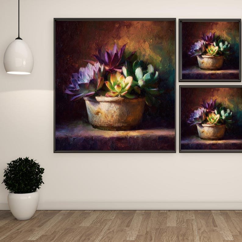 Succulent Wall Art Canvas Or Poster, Moody Botanical Oil Painting, Rustic Floral Decor, Purple Succulent Print, Modern Farmhouse Wall Art - Image 2