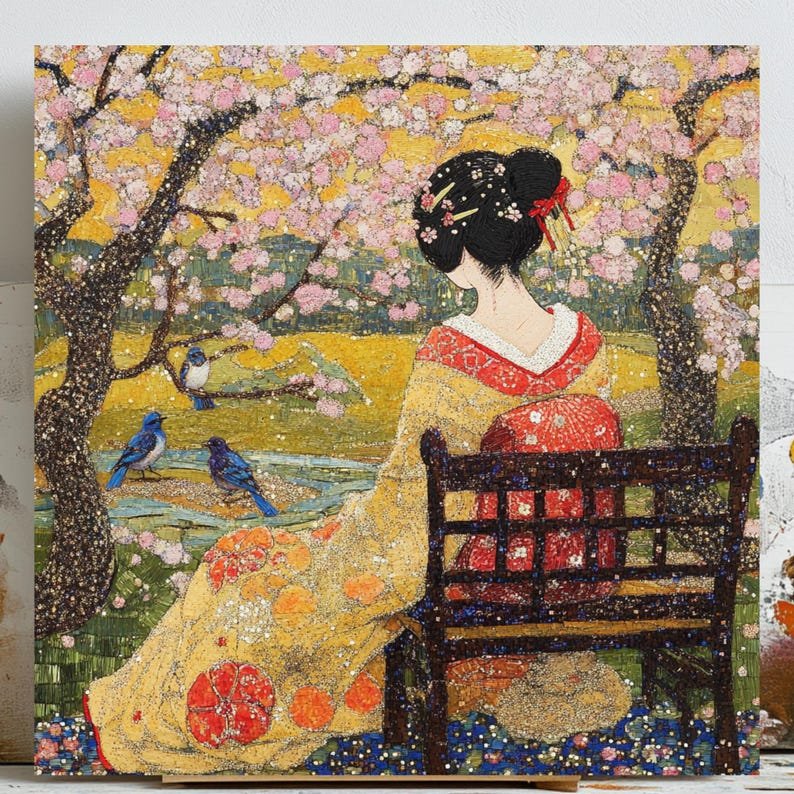 Japanese Woman Wall Art, Canvas or Poster, Geisha Wall Hanging, Asian Wall Decor, Cherry Blossom Wall Art, Living Room Wall Art, Home Decor