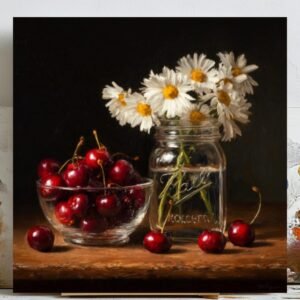 Cherry And Daisy Still Life Wall Art, Canvas or Poster, Kitchen Farmhouse Decor, Dining Room Entryway Wall Art, Vintage Home Wall Art