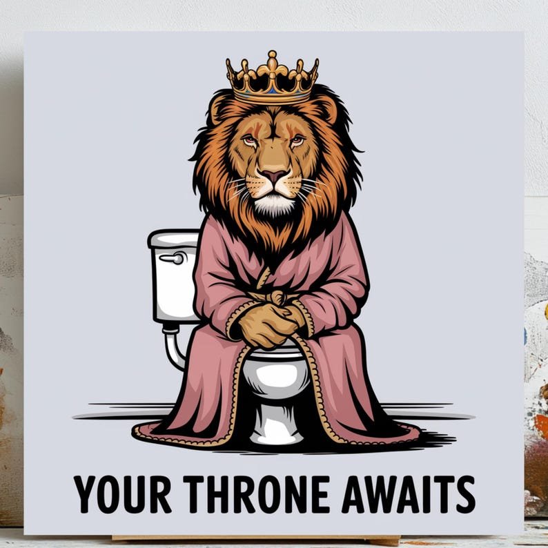 Lion On The Pot, Canvas Or Poster, Your Throne Awaits, Minimalist Decor, Animal Decor, Contemporary Design, Bathroom Decor, Lion Wall Art