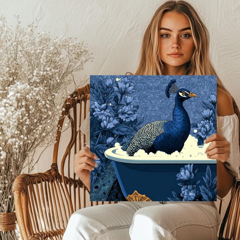 Peacock in Bathtub Wall Art, Canvas Or Poster, Funny Bathroom Decor, Blue Floral Peacock Painting, Quirky Animal Wall Decor, Powder Room Art - Image 5