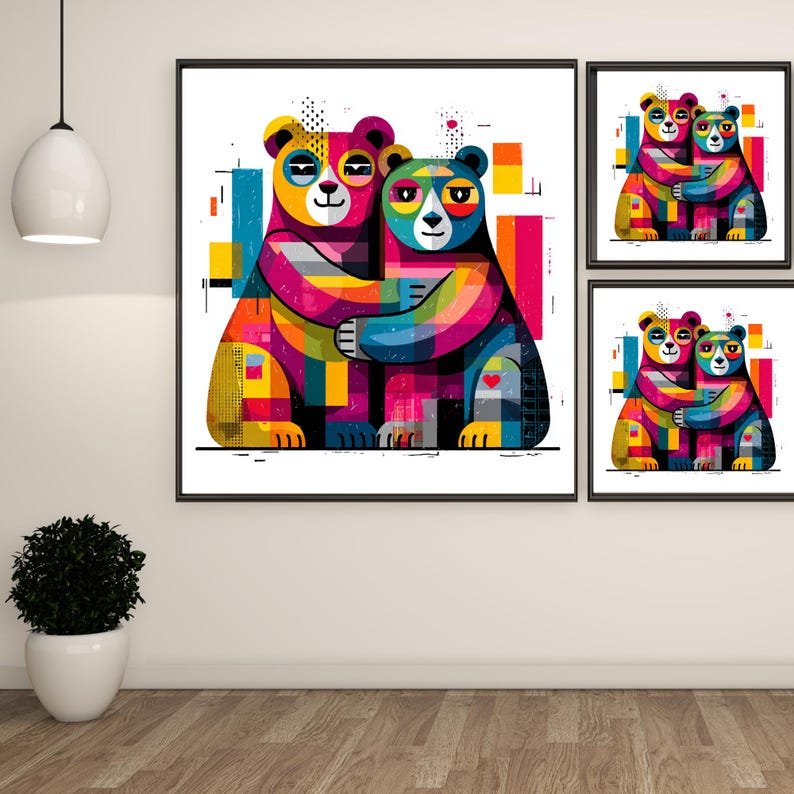 Colorful Hugging Bears Art, Canvas Or Poster, Modern Kids Room Decor, Vibrant Geometric Animal Wall Art, Living Room Decor, Bear Love Gift - Image 2