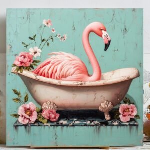 Flamingo in Bathtub Canvas or Poster, Bathroom Wall Art, Whimsical Flamingo Print, Cottagecore Decor, Funny Animal Wall Hanging, Pastel Art