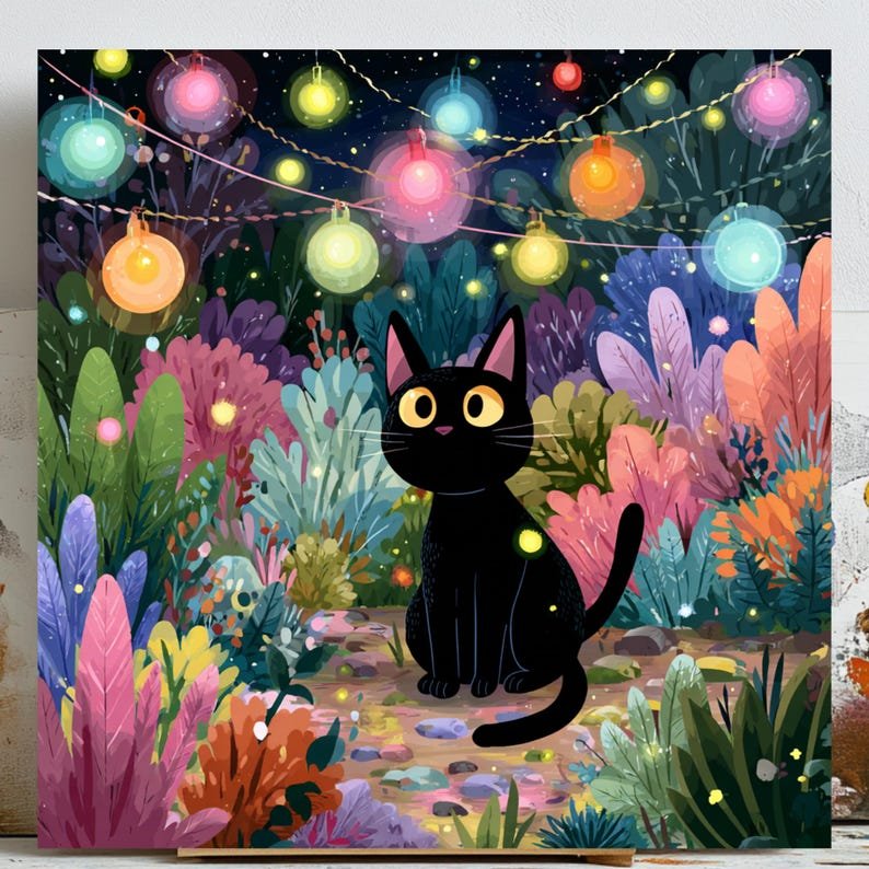 Black Cat Wall Art, Canvas or Poster, Whimsical Cat Wall Decor, Night Garden Art, Magical Cat Painting, Living Room Kids Room Decor