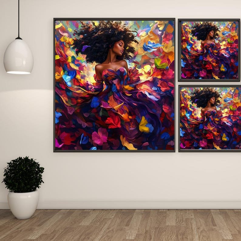 Black Woman Wall Art Print, Canvas or Poster, Black Girl Art, Living Room Bedroom Office Wall Art, Afrocentric Decor, Elegant Lady Floral - Image 2