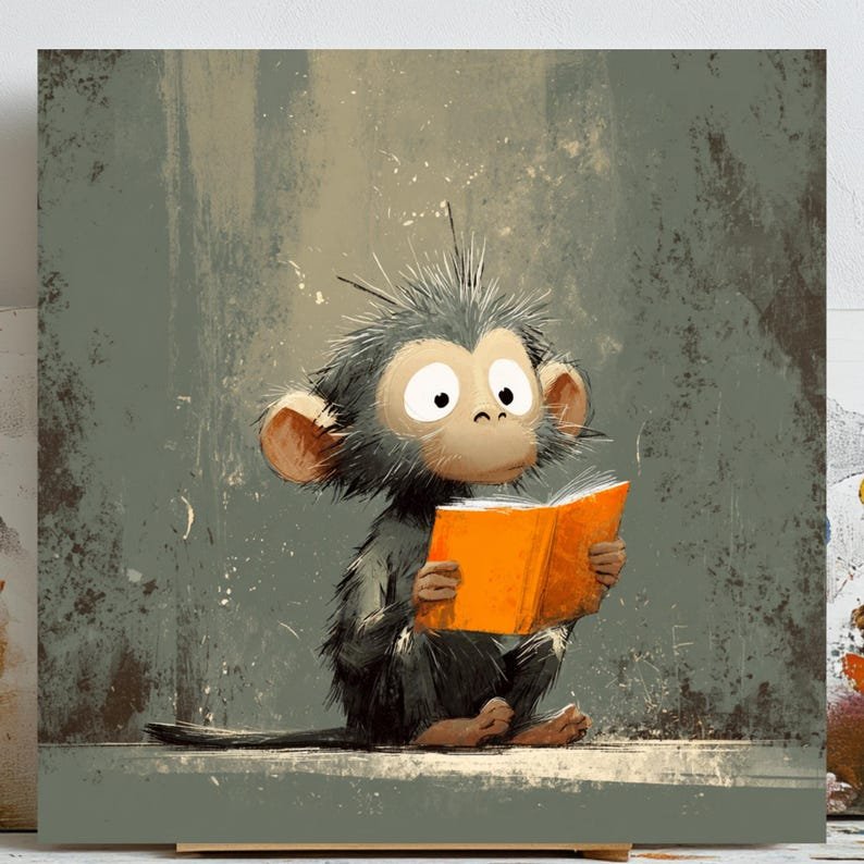 Reading Monkey Wall Art, Canvas or Poster, Whimsical Nursery Decor, Kids Room Animal Artwork, Playroom Wall Art, Educational Jungle Theme