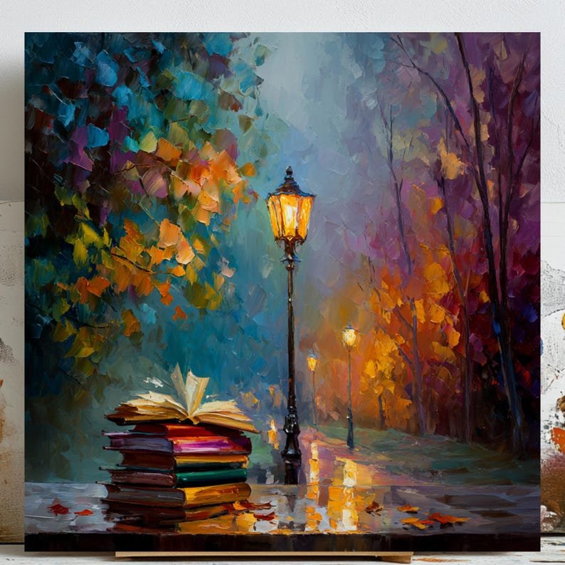 Books and Lamp Post Painting, Canvas or Poster, Autumn Reading, Autumn Street Scene Decor, Library Study Room Wall Hanging,Home Art For Gift