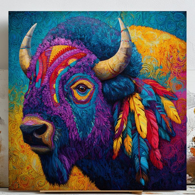 Colorful Buffalo Wall Art, Canvas Or Poster, Abstract Animal Decor, Vibrant Western Wall Art, Rustic Farmhouse Wall Art, Buffalo Painting