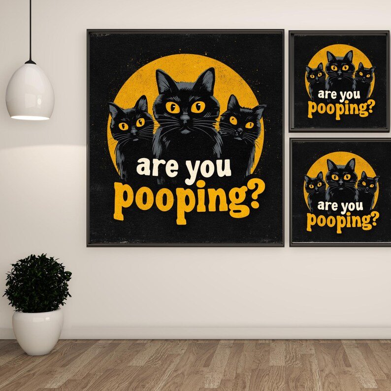 Funny Black Cat Wall Art, Canvas Or Poster, Are You Pooping Quote Print, Humorous Toilet Decor, Gothic Cat Lovers Gift, Halloween Wall Art - Image 2