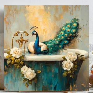 Peacock In Bathtub Art, Canvas or Poster, Elegant Bathroom Wall Art, Whimsical Bird Decor, Teal Gold White Flower Wall Hanging, Home Decor