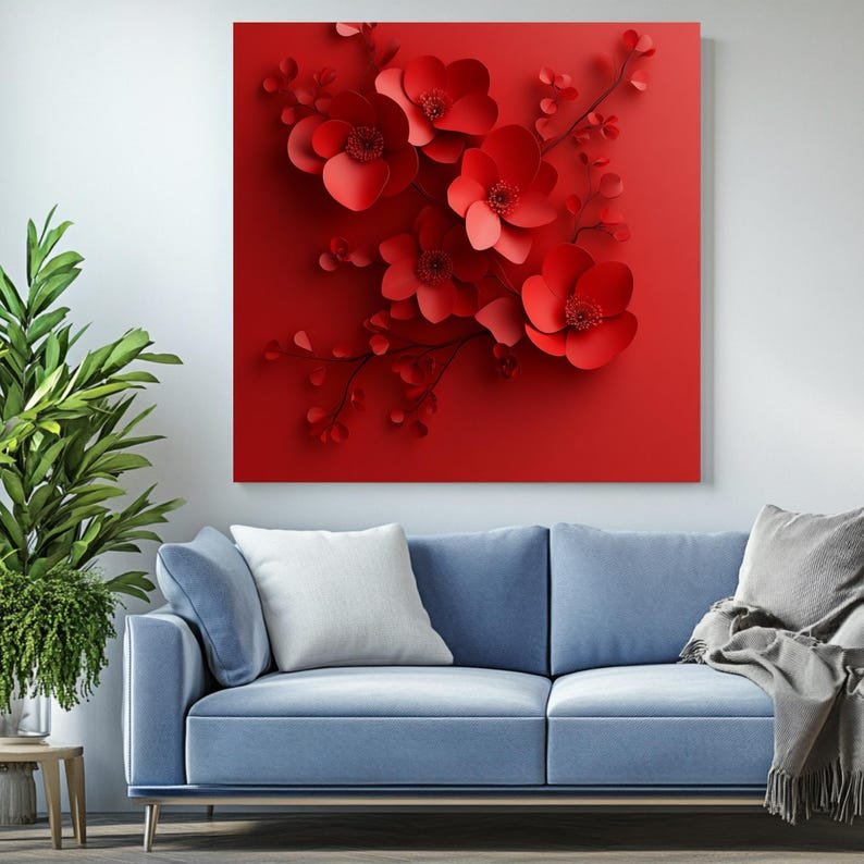 Red Floral Wall Art, Monochrome Flower Print, Layered Paper Petals, Bold Floral Decor, Modern Wall Art, Digital Wall Art, Flower Art - Image 4