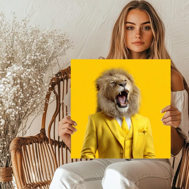 Lion in Yellow Suit Wall Art, Canvas Or Poster, Nursery Wall Art, Animal Decor, Kids Room Decor, Nursery Decor, Lion Wall Art, Lion Art - Image 5