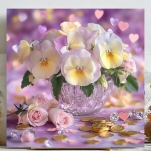 Pansy and Rose Print: Crystal Vase Floral Bouquet Canvas Art