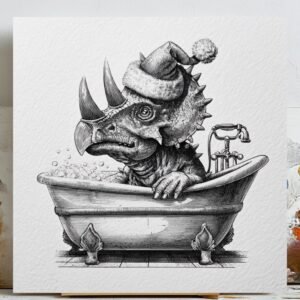 Triceratops In Bathtub Art, Canvas Or Poster, Funny Animal Bathroom Wall Decor, Santa Hat Dinosaur Print, Holiday Home Decor, Dinosaur Art