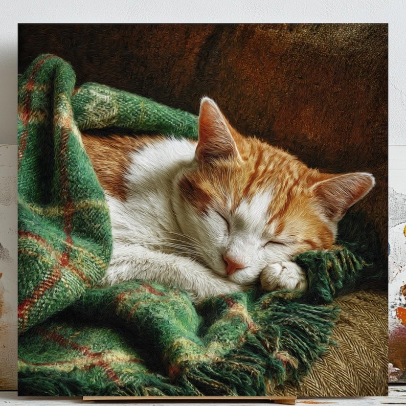 Sleeping Cat Wall Art, Canvas Or Poster, Cozy Home Decor, Rustic Living Room Wall Art, Warm Bedroom Artwork, Cat Lover Gift Design
