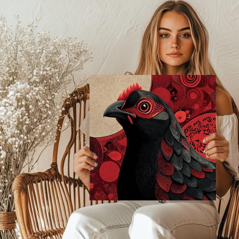 Modern Rooster Wall Art Canvas Or Poster, Folk Art Bird Print, Red and Black Farmhouse Decor, Rustic Kitchen Wall Hanging, Pheasant Artwork - Image 4