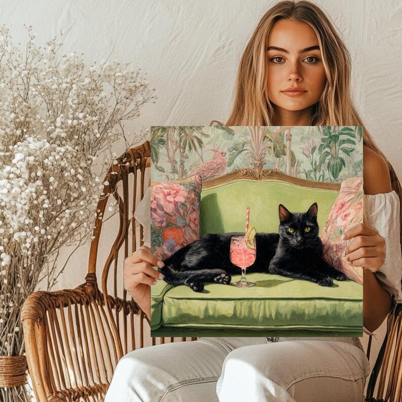 Black Cat on Sofa Wall Art, Canvas or Poster, Whimsical Animal Decor, Living Room Bedroom Lounge Wall Art, Cat Wall Hanging, Cat Art - Image 4