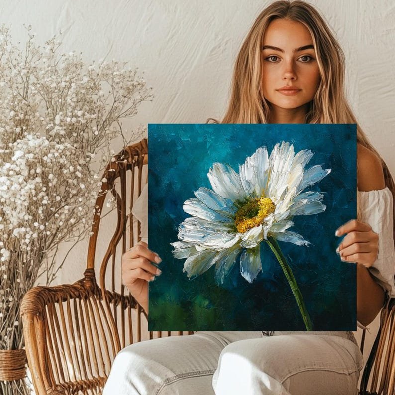 White Daisy Wall Art, Canvas or Poster, Impressionist Floral Painting, Teal Navy Background, Botanical Decor, Modern Farmhouse Flower Art - Image 5