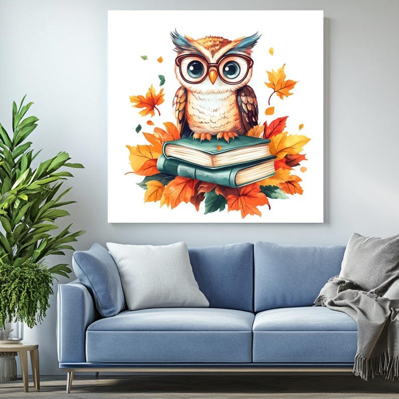 Cute Owl Reading Books, Canvas Or Poster, Kids Room Wall Art, Nursery Decor, Autumn Wall Hanging, Book Lover Gift, Framed Canvas Wall Art - Image 4