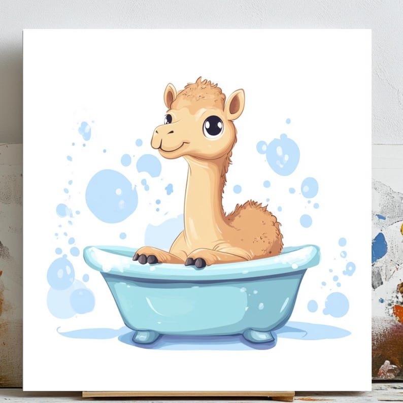 Camel Wall Art, Canvas Or Poster, Bathroom Wall Decor, Funny Bathroom Art, Bathtub Animal Art,Kids Bathroom Decor,Animal Prints,Modern Decor
