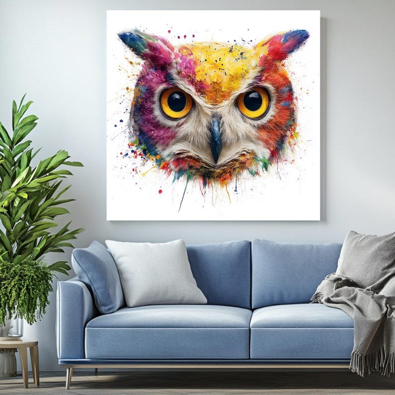 Vibrant Watercolor Owl Art, Canvas or Poster, Colorful Abstract Bird Painting, Modern Living Room Bedroom Office Decor, Owl Wall Art - Image 3