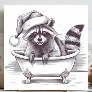 Christmas Raccoon Art, Canvas Or Poster, Christmas Decor, Holiday Art, Bathtub Art, Animal Bathroom Art, Raccoon In Bathtub, Bathroom Decor