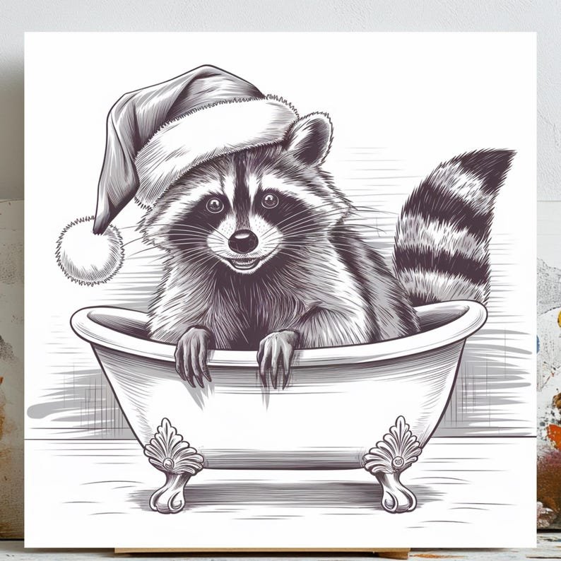Christmas Raccoon Art, Canvas Or Poster, Christmas Decor, Holiday Art, Bathtub Art, Animal Bathroom Art, Raccoon In Bathtub, Bathroom Decor