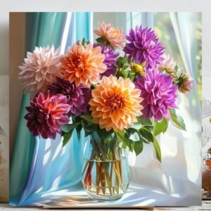 Dahlia Wall Art, Floral Bouquet Print, Glass Vase Flower Art, Flower Decor, Botanical Art Print, Floral Home Decor, Gift For Mom, Wall Art