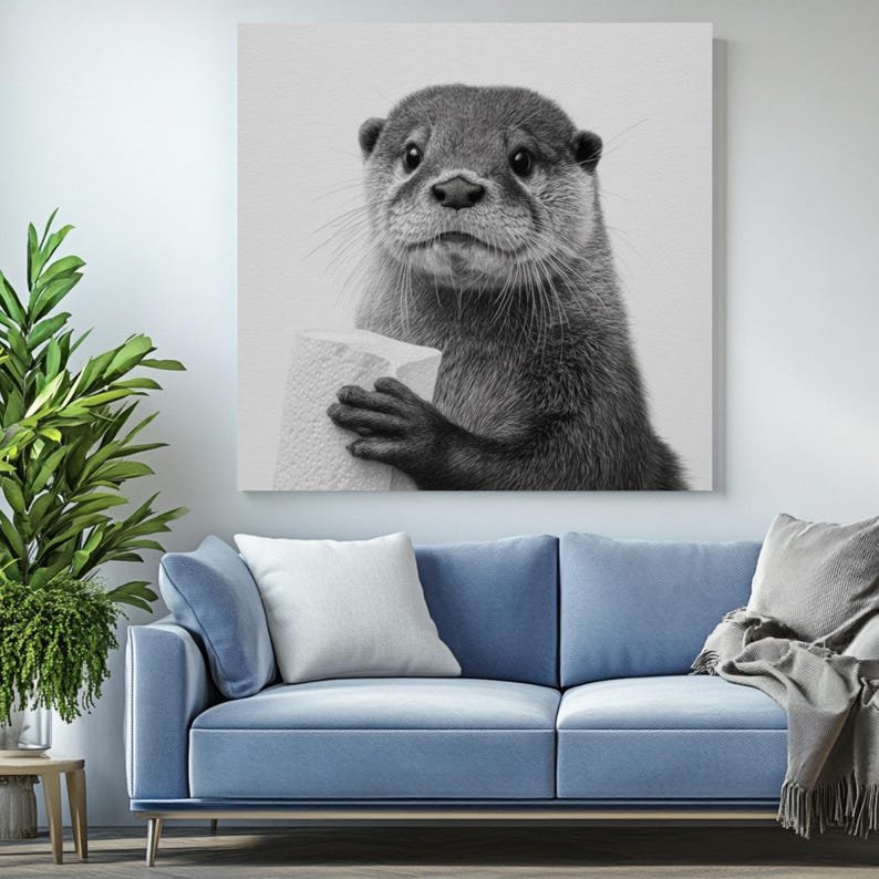 Black and White Otter Wall Art, Canvas or Poster, Funny Animal Print, Modern Bathroom Wall Decor, Whimsical Art For Home or Office - Image 4