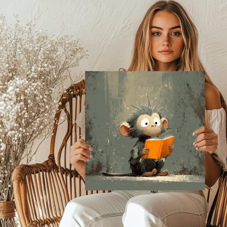 Reading Monkey Wall Art, Canvas or Poster, Whimsical Nursery Decor, Kids Room Animal Artwork, Playroom Wall Art, Educational Jungle Theme - Image 5