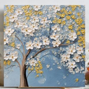 Floral Tree Wall Art, Canvas or Poster, Modern Home Decor, Living Room Wall Hanging, Elegant Flower Art, Blue Yellow White Blossoms