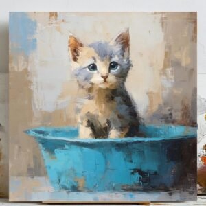 Kitten Bath Time Art, Canvas or Poster, Whimsical Scandinavian Decor, Living Room Bedroom Bathroom Wall Art, Beige Blue Multicolor, Kitten