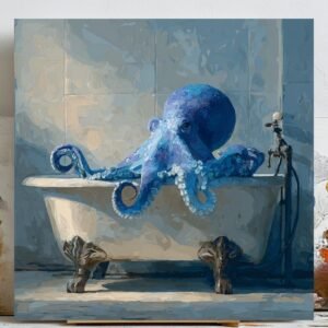 Blue Octopus in Bathtub Wall Art, Canvas or Poster, Funny Bathroom Decor, Nautical Animal Painting, Quirky Coastal Art, Modern Bathroom Art