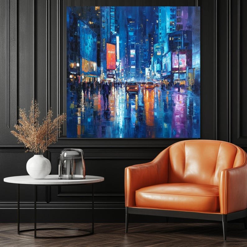 City Night Street Wall Art, Canvas or Poster, Modern Urban Decor, Blue Neon City Painting, Living Room Office Wall Art, Contemporary Artwork - Image 3