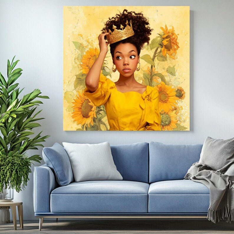Crowned Woman Wall Art, Canvas or Poster, Afro Queen Decor, Modern Home Wall Art, Sunflower Floral Painting, Empowerment Art Print - Image 4