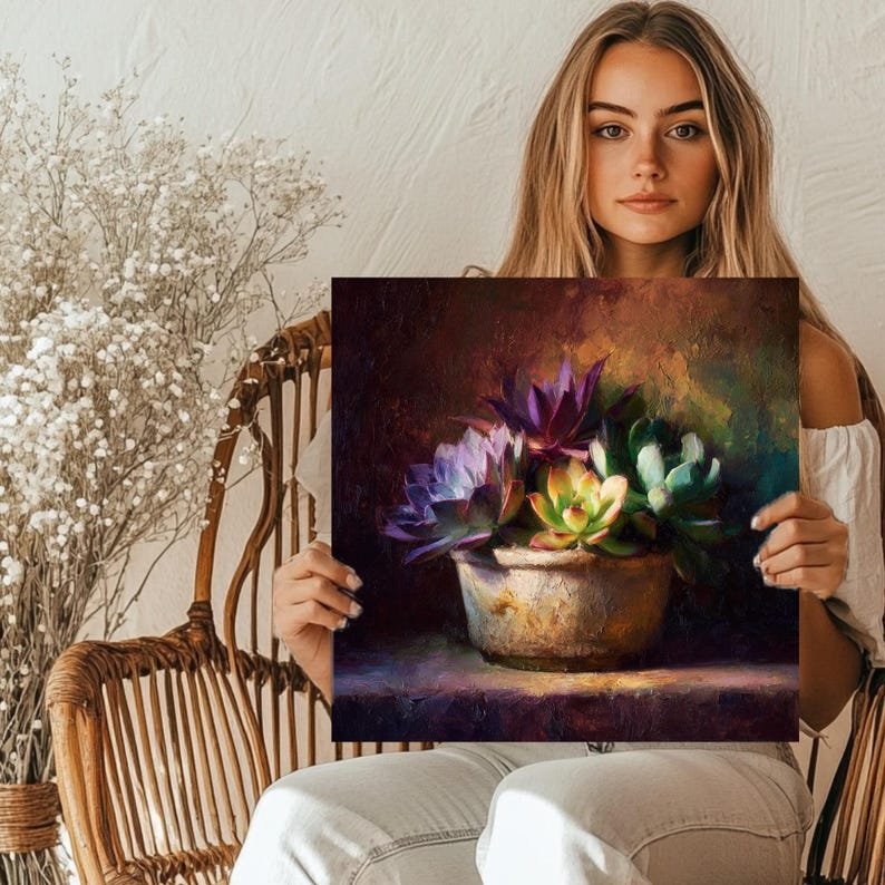 Succulent Wall Art Canvas Or Poster, Moody Botanical Oil Painting, Rustic Floral Decor, Purple Succulent Print, Modern Farmhouse Wall Art - Image 5