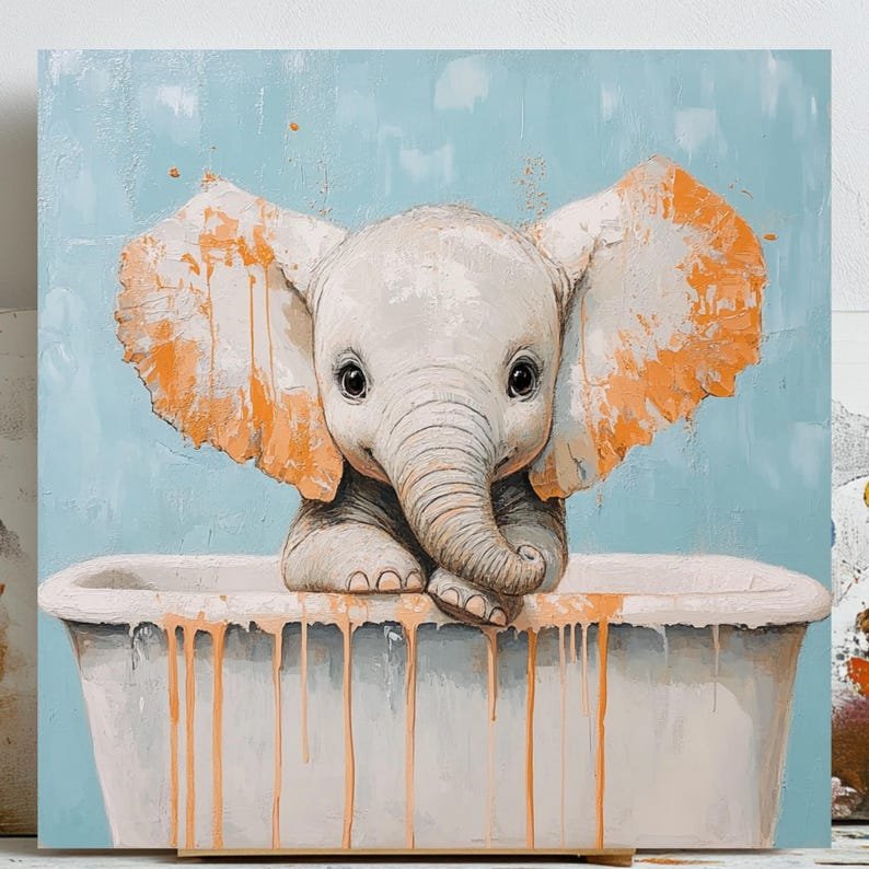 Elephant In Bathtub, Canvas or Poster, Cute Animal Wall Art, Bathroom Decor, Nursery Wall Hanging, Whimsical Elephant Painting, Home Decor