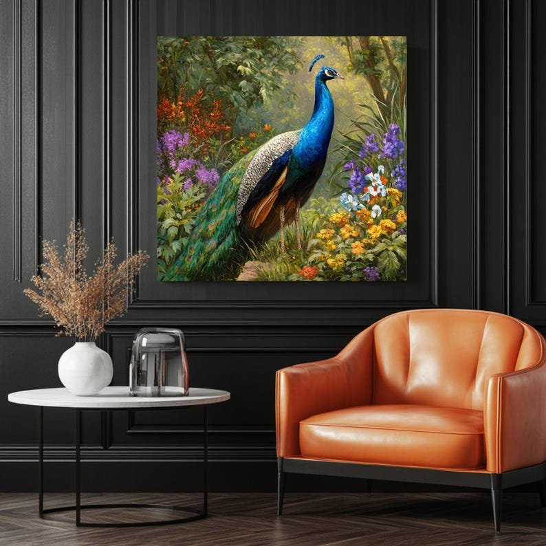 Peacock In Garden Art, Canvas or Poster, Animal Wall Art, Bathroom Wall Decor, Modern Home Artwork, Bird Wall Hanging, Floral Design - Image 3