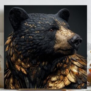Black Bear Wall Art, Canvas Or Poster, Modern Animal Print, Gold Feather Texture Art, Rustic Cabin Decor, Bear Print, Woodland Decor