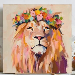 Floral Crown Lion Majesty Art, Canvas or Poster, Animal Nature Bohemian Decor, Living Room Bedroom Office Wall Art, Brown Orange Green White