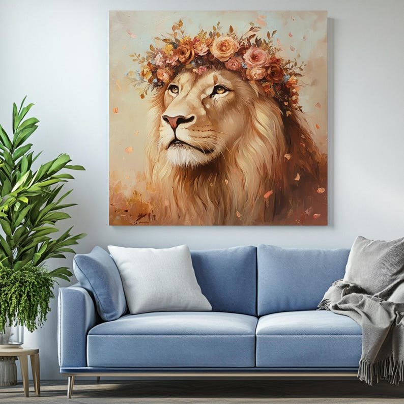 Lion With Flower Crown, Canvas Or Poster, Animal Wall Art, Wildlife Decor, Lion Wall Decor, Living Room Wall Art, Safari Home Art - Image 4