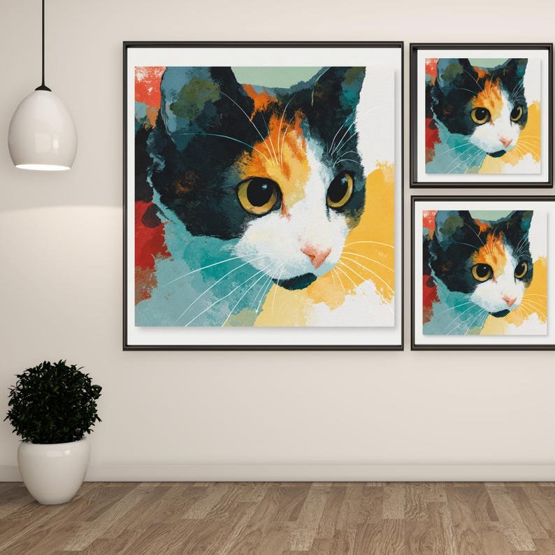Colorful Calico Cat Wall Art, Modern Abstract Cat Canvas Or Poster, Vibrant Pet Painting,Whimsical Animal Decor,Gift for Cat Lovers,Home Art - Image 2