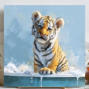 Baby Tiger in Bathtub, Canvas or Poster, Cute Animal Wall Art, Bathroom Decor, Nursery Wall Hanging, Living Room Decor, Tiger Wall Art