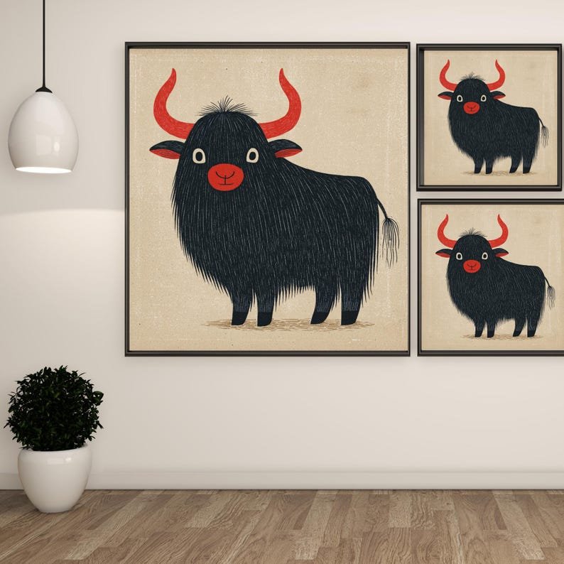 Black Yak Wall Art, Canvas Or Poster, Red Horns Bull Decor, Whimsical Cow Print, Kids Room Wall Decor, Animal Nursery Art, Home Wall Decor - Image 2