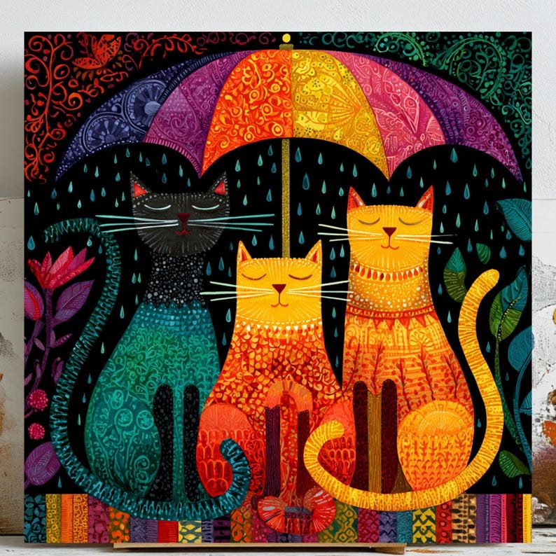 Colorful Cats Under Umbrella, Canvas or Poster, Cute Animal Wall Art, Modern Boho Decor, Living Room Wall Hanging, Whimsical Cat Print