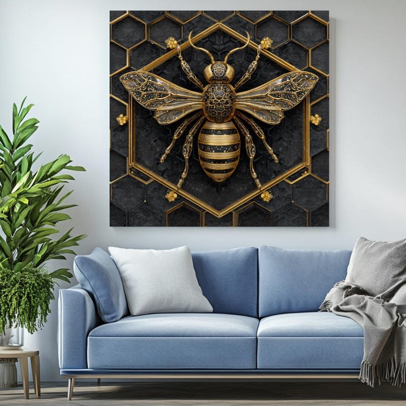 Gold Bee Wall Art, Canvas Or Poster, Luxury Insect Print, Honeycomb Decor, Modern Home Wall Art, Black And Gold Illustration, Office Art - Image 4