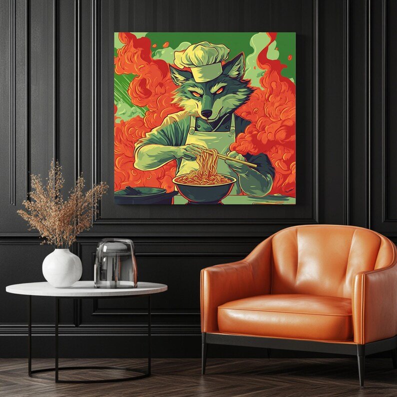 Wolf Culinary Art, Canvas or Poster, Surrealism Whimsical Decor, Kitchen Dining Room Living Room Game Room Wall Art, Grey Red Yellow White - Image 3